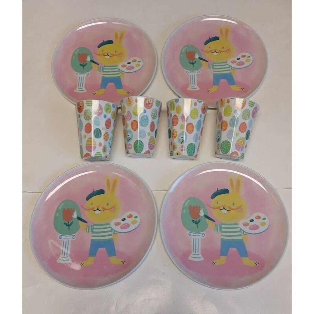 Easter Melamine Artist Bunny Dinner 10" Plates Egg Toss Print Cups Set of 4